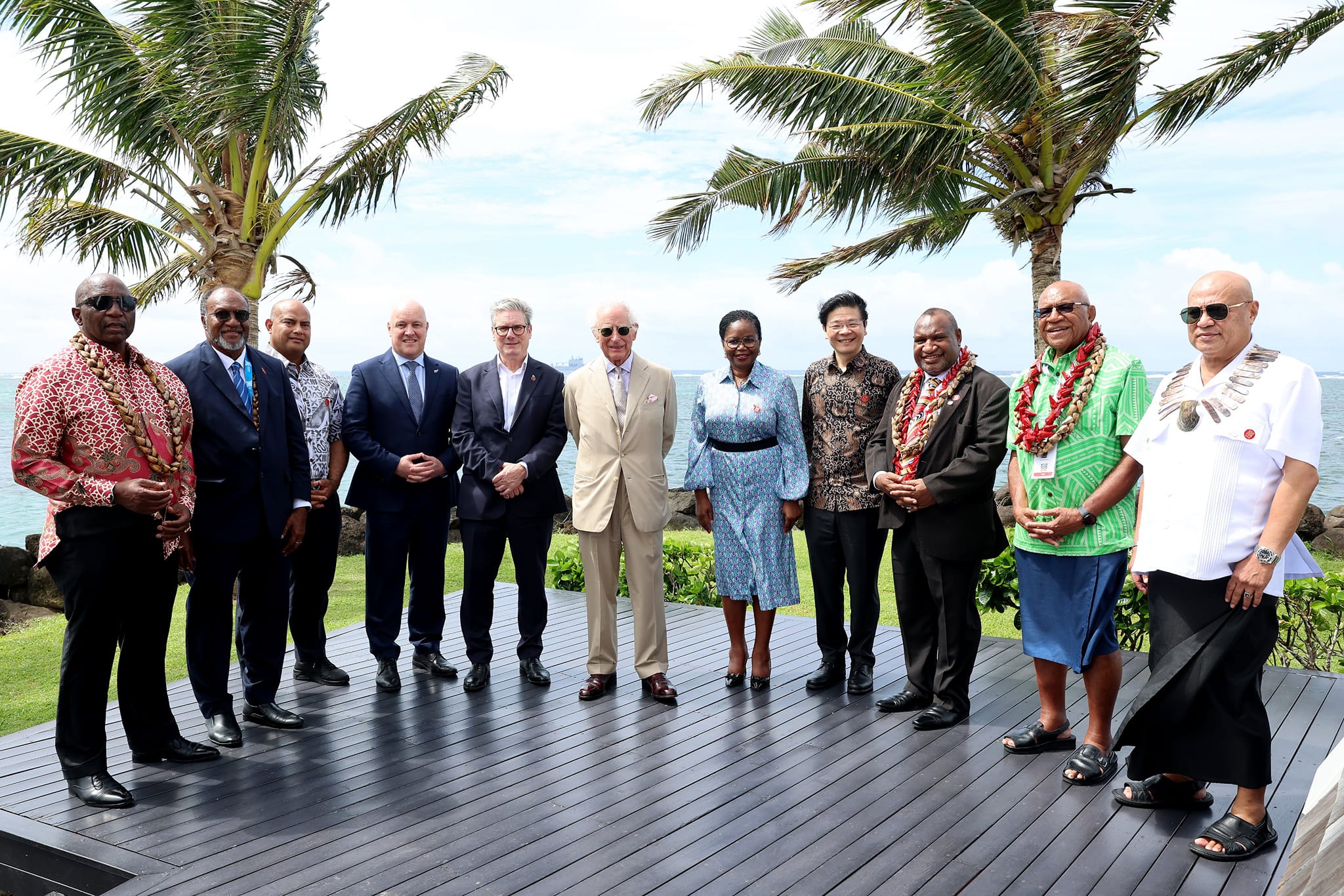 Prime Minister Hon. Charlot Salwai Tabimasmas pictured meeting His Majesty King Charles III and UK Prime Minister Sir Keir Starmer in Samoa