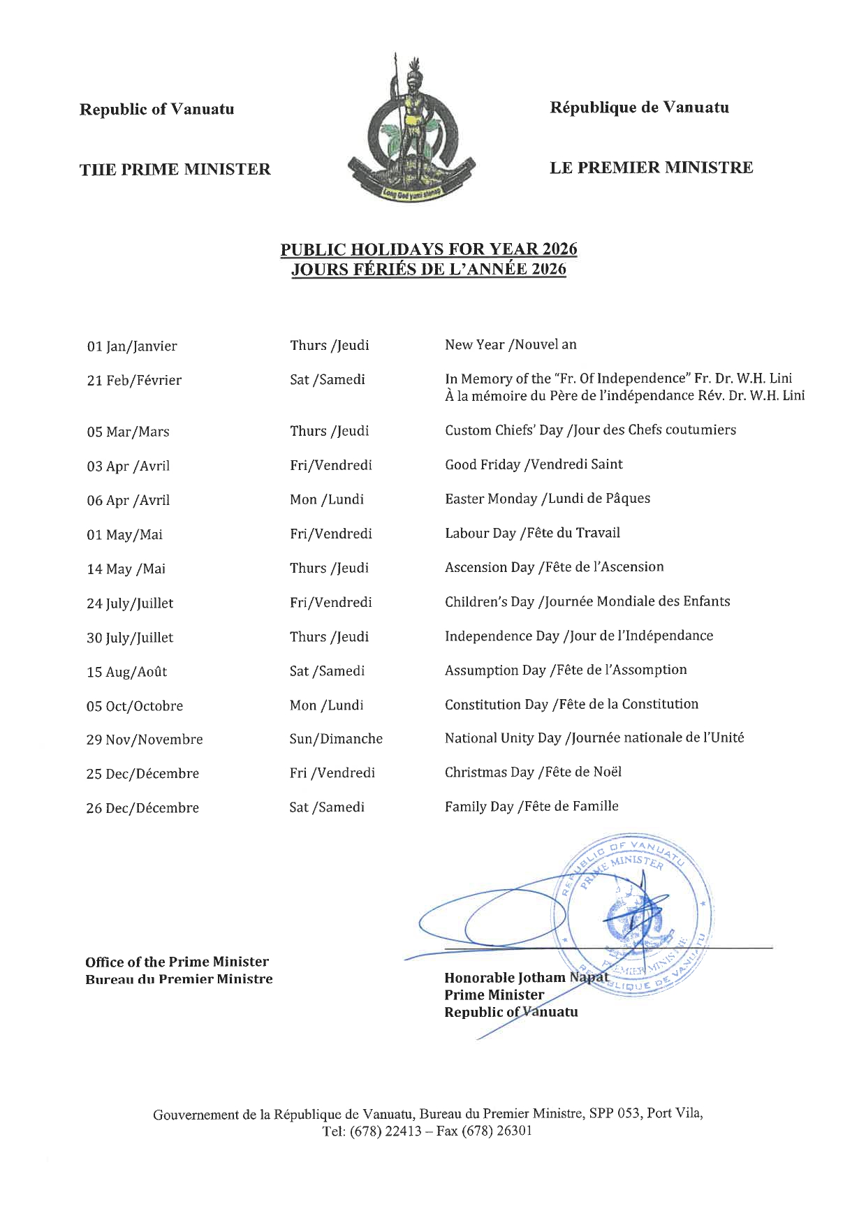 Public holidays 2026